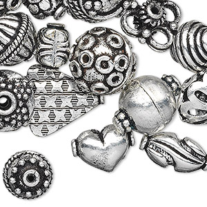 Bead and bead cap, antique silver-plated copper, 12x6mm-17x17mm assorted sizes in 50 styles, 2 of each style. Sold per pkg of 100.