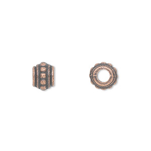 Bead, antique copper-plated &quot;pewter&quot; (zinc-based alloy), 8x6mm beaded barrel. Sold per pkg of 100.