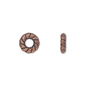 Component, antique copper-plated &quot;pewter&quot; (zinc-based alloy), 10mm double-sided round donut with twisted rope design. Sold per pkg of 50.