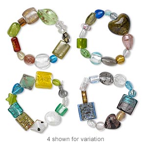 Bracelet mix, stretch, glass and lampworked glass, multicolored, 6-30mm wide, 6 inches. Sold individually.