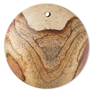 Focal, picture jasper (natural), 40mm hand-cut top-drilled round with flat back, B grade, Mohs hardness 6-1/2 to 7. Sold individually.