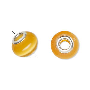 Bead, Dione&reg;, cat&#39;s eye glass (fiber optic glass) and silver-plated brass grommets, yellow, 13x10mm-14x10mm rondelle. Sold per pkg of 6.