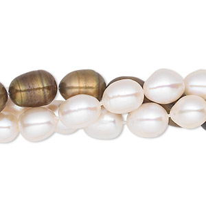 Pearl mix, cultured freshwater (bleached / dyed), white and copper, 6-8mm rice, C+ grade, Mohs hardness 2-1/2 to 4. Sold per pkg of (3) 14-inch strands.