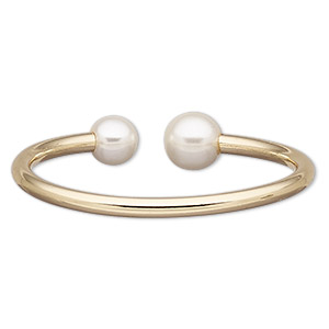 Bracelet, cuff, acrylic pearl and gold-finished brass, white, 14mm wide with 14mm round, adjustable from 6-7 inches. Sold individually.