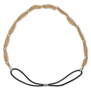 Headband, 10-strand stretch, nylon / rubber / gold-finished brass, black, 6mm wide, 20 inches. Sold individually.