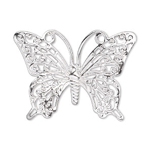 Focal, silver-plated brass, 36x26mm single-sided fancy butterfly. Sold per pkg of 10.