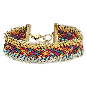 Bracelet, waxed cotton cord / nylon / gold-finished steel, multicolored, 21mm wide with braided design, 8 inches with 1-1/2 inch extender chain and lobster claw clasp. Sold individually.