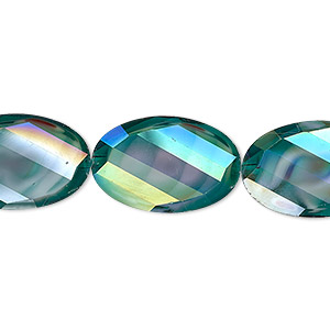 Bead, millefiori glass, marbled teal AB, 20x13mm faceted wavy oval. Sold per 8-inch strand, approximately 10 beads.