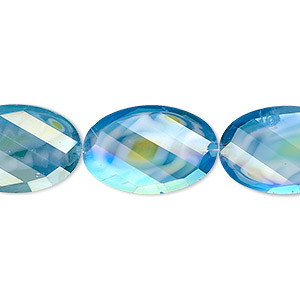Bead, millefiori glass, marbled aqua blue AB, 20x13mm faceted wavy oval. Sold per 8-inch strand, approximately 10 beads.