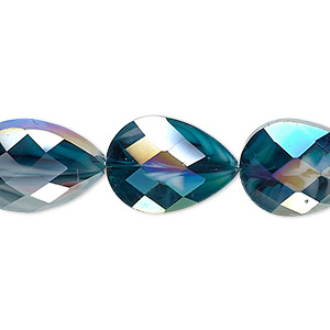 Bead, millefiori glass, marbled teal AB, 18x13mm faceted teardrop. Sold per 8-inch strand, approximately 10 beads.