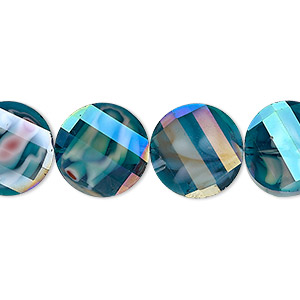 Bead, millefiori glass, marbled teal AB, 14mm faceted wavy flat round. Sold per 8-inch strand, approximately 15 beads.