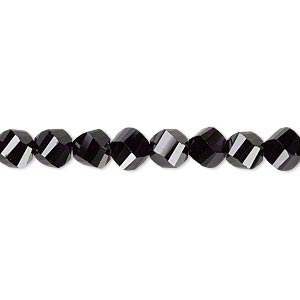 Bead, glass, 34-facet, opaque black, 6mm faceted twisted round with 0.8-1.3mm hole. Sold per 8-inch strand, approximately 35 beads.