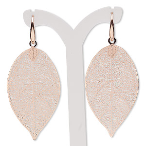 Earring, copper-plated brass, 2-1/2 inches with textured leaf and fishhook ear wire. Sold per pair.