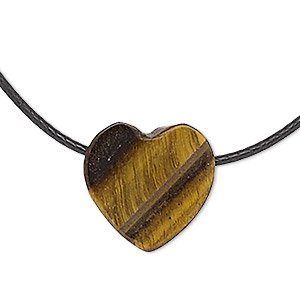 Necklace, tigereye (natural) / waxed cotton cord / silver-finished steel / brass, black, 13x13mm heart, 18 inches with lobster claw clasp. Sold individually.