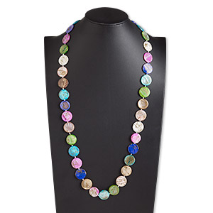 Necklace, mother-of-pearl shell (dyed / coated), multicolored AB, 20mm flat round, 34-inch knotted continuous loop. Sold individually.