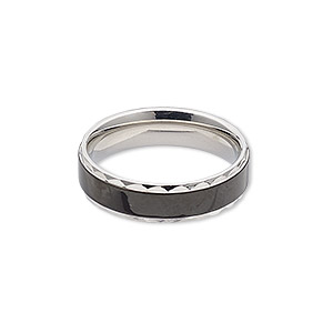 Ring, enamel and stainless steel, black, 6mm wide diamond-cut band, size 9. Sold individually.