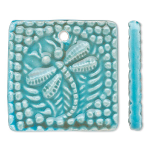 Focal, porcelain, turquoise blue and brown, 40x40mm double-sided top-drilled textured flat square with dragonfly design. Sold individually.