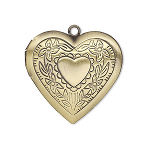 Charm, antiqued brass, 29x27mm single-sided heart locket with stamped heart and flower design. Sold per pkg of 2.