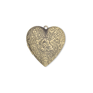 Focal, antiqued brass, 42x40mm double-sided heart locket with stamped flower and scroll design. Sold individually.