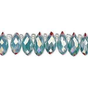 Bead, millefiori glass, marbled white / light teal / red AB, 12x6mm top-drilled faceted teardrop. Sold per 6-inch strand, approximately 25 beads.