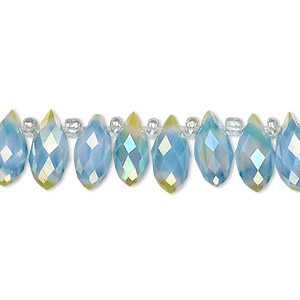 Bead, millefiori glass, marbled light blue and light yellow AB, 12x6mm top-drilled faceted teardrop. Sold per 6-inch strand, approximately 25 beads.
