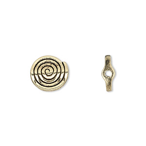 Bead, antique gold-finished &quot;pewter&quot; (zinc-based alloy), 11mm flat round spiral. Sold per pkg of 50.