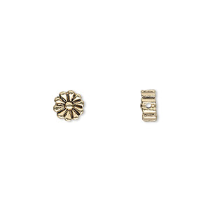 Bead, antique gold-finished &quot;pewter&quot; (zinc-based alloy), 6x6mm double-sided flat round daisy. Sold per pkg of 20.