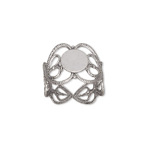 Ring, antique silver-plated brass, 14mm wide with double heart and 8mm round flat pad setting, adjustable from size 7-9. Sold per pkg of 8.