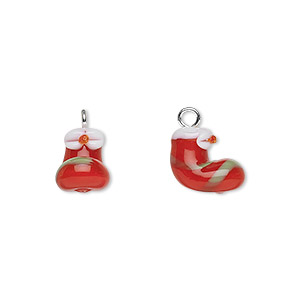 Drop, lampworked glass with silver-finished steel, red / white / green, 10x9mm stocking. Sold per pkg of 2.