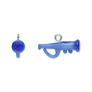 Drop, lampworked glass with silver-finished steel, dark blue, 20x8mm trumpet. Sold per pkg of 2.
