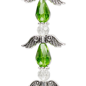 Bead, crystal and antique silver-plated &quot;pewter&quot; (zinc-based alloy), transparent lime green and clear, 23mm angel. Sold per pkg of 4.
