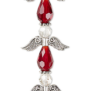 Bead, crystal and antique silver-plated &quot;pewter&quot; (zinc-based alloy), transparent red and clear, 23mm angel. Sold per pkg of 4.
