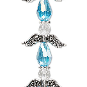 Bead, crystal and antique silver-plated &quot;pewter&quot; (zinc-based alloy), translucent light turquoise blue AB and clear, 23mm angel. Sold per pkg of 4.