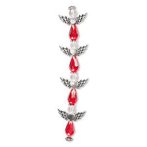 Bead, crystal and antique silver-plated &quot;pewter&quot; (zinc-based alloy), transparent red and clear, 25x22mm angel. Sold per pkg of 4.
