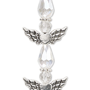 Bead, crystal and antique silver-plated &quot;pewter&quot; (zinc-based alloy), translucent clear AB, 25x22mm angel. Sold per pkg of 4.
