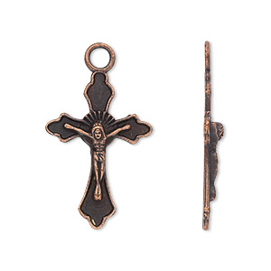 Drop, antique copper-plated &quot;pewter&quot; (zinc-based alloy), 26x17mm single-sided crucifix. Sold per pkg of 10.
