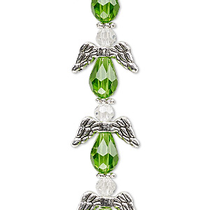 Bead, crystal and antique silver-plated &quot;pewter&quot; (zinc-based alloy), transparent lime green and clear, 17x14mm angel. Sold per pkg of 6.