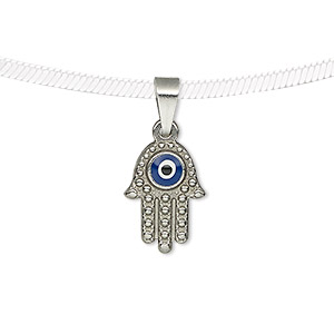 Pendant, enamel and stainless steel, blue / white / black, 16x11.5mm two-sided textured Fatima hand with eye design. Sold individually.