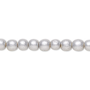 Bead, painted Taiwanese cheesewood (coated), metallic silver, 5-6mm round. Sold per pkg of (2) 15-1/2&quot; to 16&quot; strands.