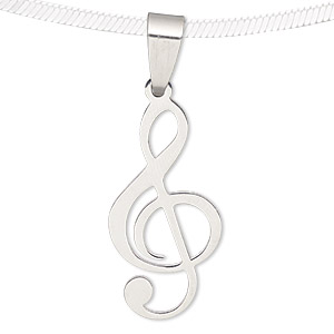 Pendant, stainless steel, 27x14mm matte and shiny treble clef. Sold individually.