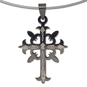 Pendant, stainless steel and enamel, black, 40x29mm single-sided cross. Sold individually.