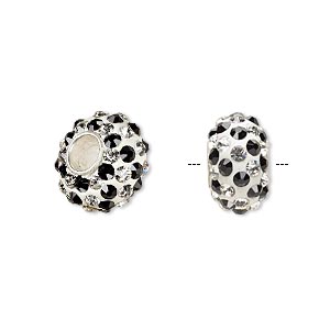 Bead, Dione&reg;, Czech glass rhinestone / epoxy / sterling silver grommets, white / clear / black, 14x8mm rondelle with spiral design, 4.5mm hole. Sold individually.