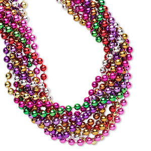 Necklace mix, Everyday Jewelry, Mardi Gras beads, acrylic, opaque metallic mixed colors, 8mm round, 32-inch continuous loop. Sold per pkg of 12.