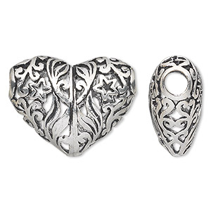 Bead, antique silver-plated white brass, 26x21mm fancy puffed heart with open stars and filigree design. Sold individually.