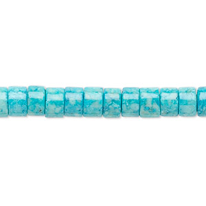 Bead, riverstone (dyed), turquoise blue, 6x4mm rondelle, B grade, Mohs hardness 3-1/2. Sold per 15-1/2&quot; to 16&quot; strand.
