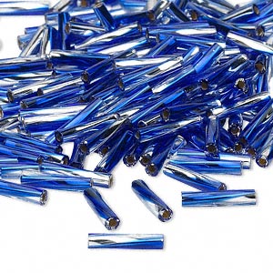 Bugle bead, Miyuki, glass, silver-lined two-tone translucent cobalt and clear, (TW3934), 12x2.7mm twisted. Sold per 50-gram pkg.