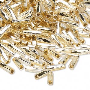 Bugle bead, Miyuki, glass, silver-lined two-tone translucent light gold and clear, (TW3931), 6x2mm twisted. Sold per 50-gram pkg.