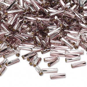 Bugle bead, Miyuki, glass, silver-lined two-tone translucent plum and clear, (TW3933), 6x2mm twisted. Sold per 250-gram pkg.