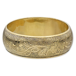 Bracelet, bangle, antiqued brass, 24mm wide with textured domed and flower design, 7-1/2 inches. Sold individually.