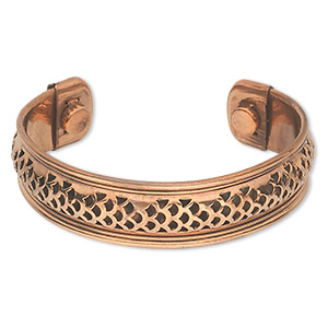 Bracelet, cuff, copper, 17mm wide with cutout pattern, adjustable from 7-8 inches with magnetic ends. Sold individually.